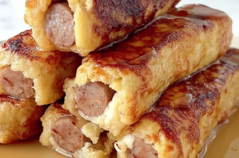 Delicious French Toast Roll-Ups filled with sweet cream cheese and topped with syrup