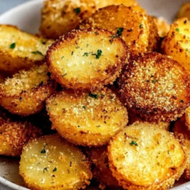 Delicious garlic parmesan crusted potatoes served on a plate