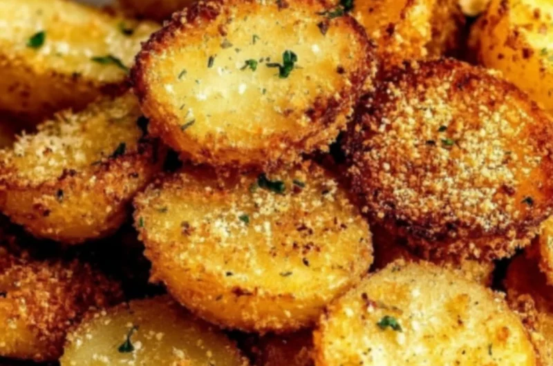 Delicious garlic parmesan crusted potatoes served on a plate