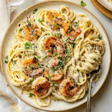 Plate of Garlic Shrimp Pasta with herbs and garlic sauce