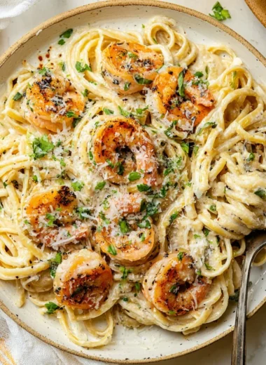 Plate of Garlic Shrimp Pasta with herbs and garlic sauce