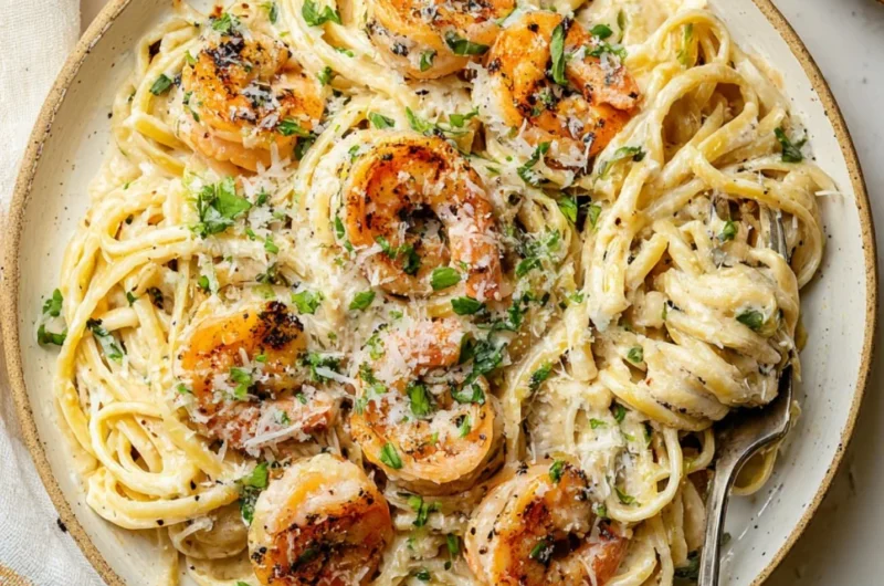 Plate of Garlic Shrimp Pasta with herbs and garlic sauce
