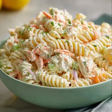 Bowl of homemade crab pasta salad with ranch dressing and fresh vegetables