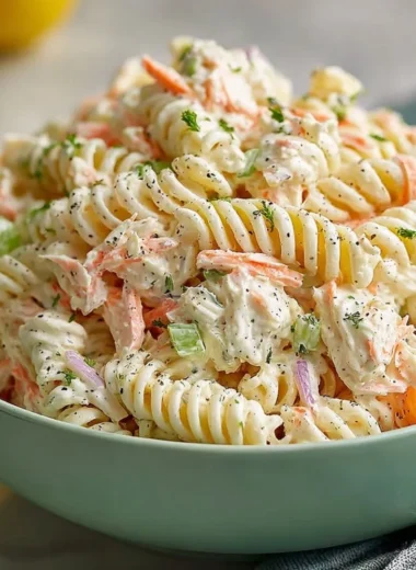 Bowl of homemade crab pasta salad with ranch dressing and fresh vegetables