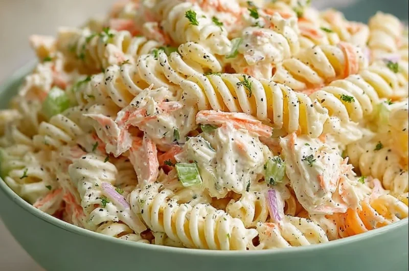Bowl of homemade crab pasta salad with ranch dressing and fresh vegetables
