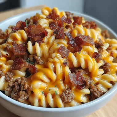 Loaded Bacon Cheeseburger Pasta with cheese and bacon toppings