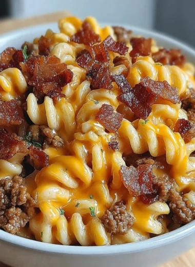 Loaded Bacon Cheeseburger Pasta with cheese and bacon toppings