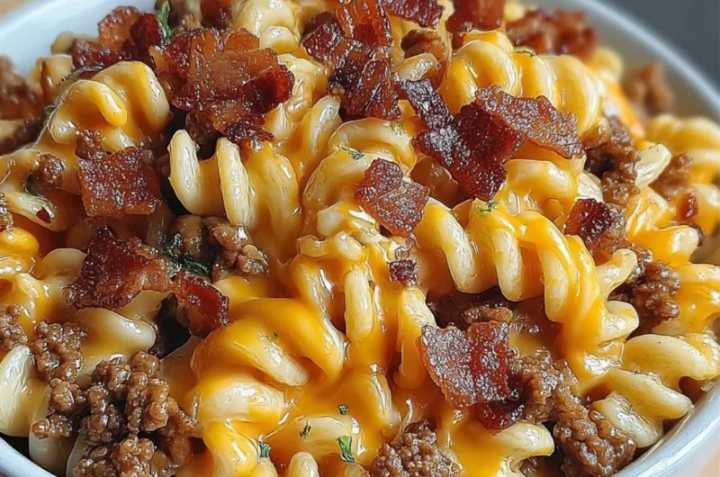 Loaded Bacon Cheeseburger Pasta with cheese and bacon toppings