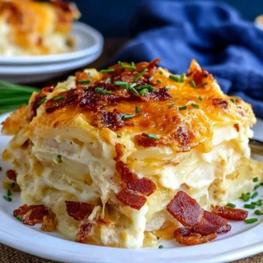 Baked loaded scalloped potatoes topped with cheese and herbs