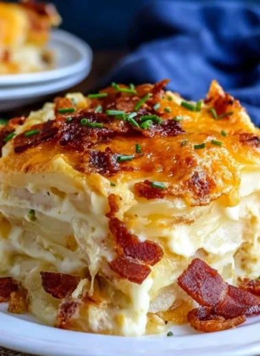 Baked loaded scalloped potatoes topped with cheese and herbs