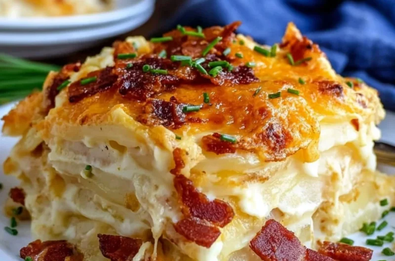 Baked loaded scalloped potatoes topped with cheese and herbs