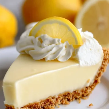 A slice of Magnolia Lemon Pie garnished with fresh lemon zest and mint leaves.
