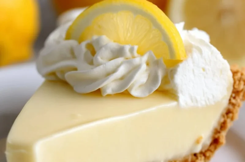 A slice of Magnolia Lemon Pie garnished with fresh lemon zest and mint leaves.