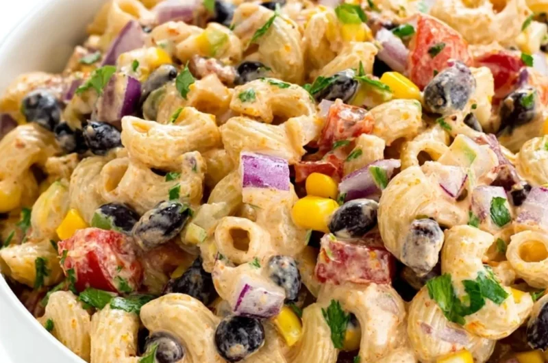 Colorful Mexican Pasta Salad with fresh vegetables and zesty dressing