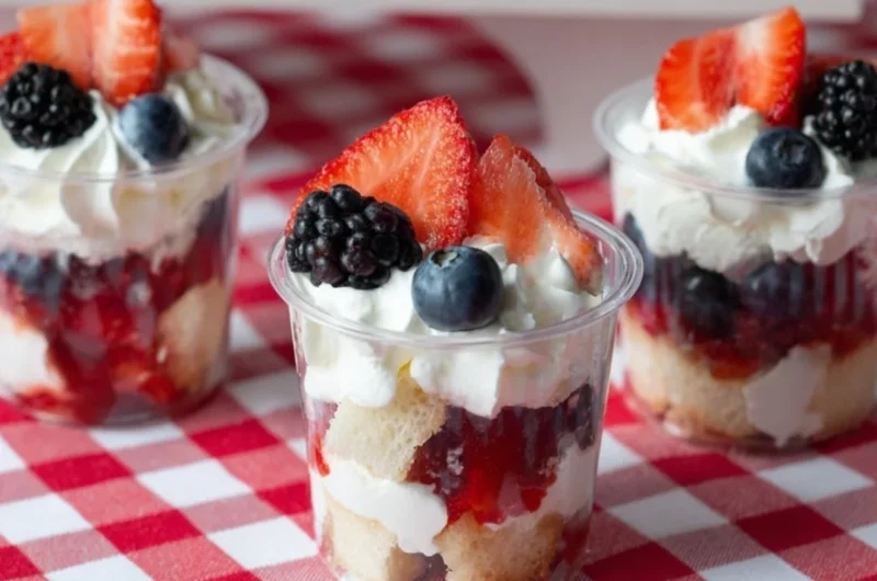 Delicious mini shortcake cups topped with fresh berries and whipped cream