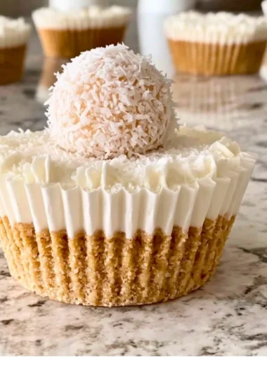 No-Bake Coconut Cheesecake with coconut flakes on top