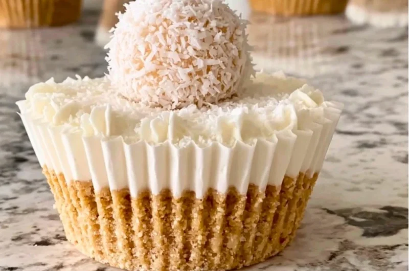No-Bake Coconut Cheesecake with coconut flakes on top