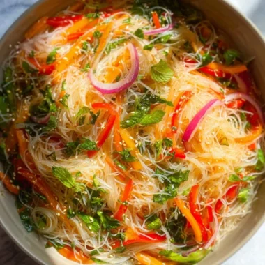 Colorful no cook noodle salad topped with tangy dressing and fresh vegetables.