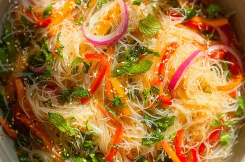 Colorful no cook noodle salad topped with tangy dressing and fresh vegetables.