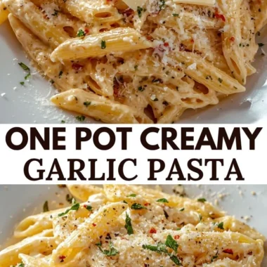 Delicious One Pot Creamy Garlic Pasta served in a bowl with garlic and herbs