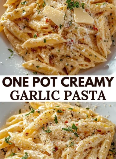 Delicious One Pot Creamy Garlic Pasta served in a bowl with garlic and herbs