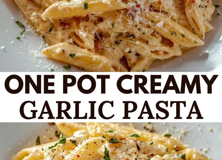 Delicious One Pot Creamy Garlic Pasta served in a bowl with garlic and herbs