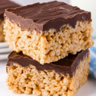 Homemade Peanut Butter Rice Krispie Treats on a serving plate