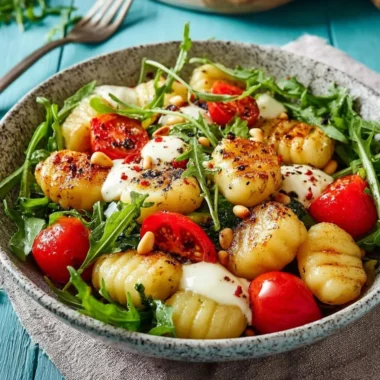 Roasted gnocchi salad with basil pesto tomatoes mozzarella and arugula