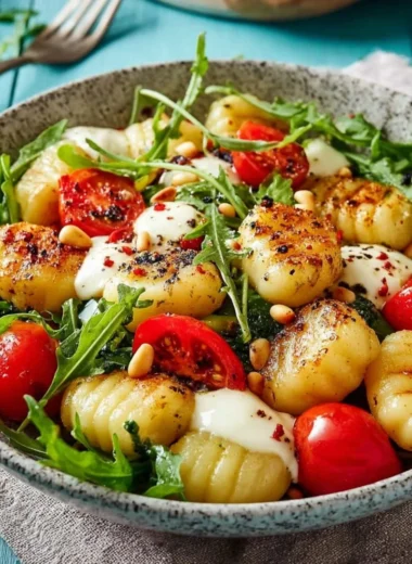 Roasted gnocchi salad with basil pesto tomatoes mozzarella and arugula