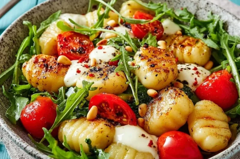 Roasted gnocchi salad with basil pesto tomatoes mozzarella and arugula