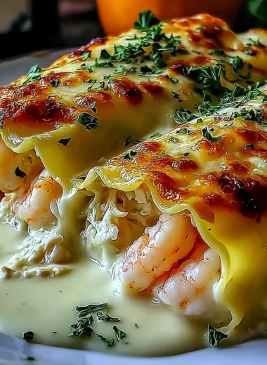 Shrimp and Crab Alfredo Lasagna Roll-Ups served with a creamy sauce