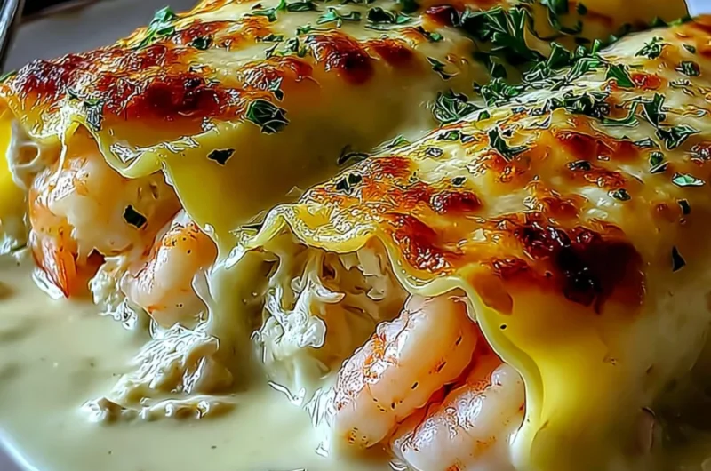 Shrimp and Crab Alfredo Lasagna Roll-Ups served with a creamy sauce