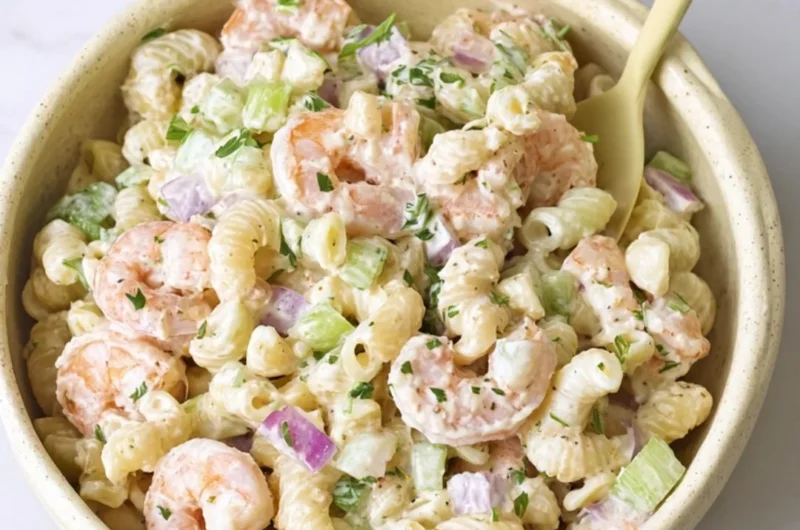 Delicious Shrimp Pasta Salad garnished with fresh herbs and colorful vegetables
