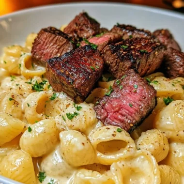 Delicious steak bites served with shell pasta in garlic butter Alfredo sauce