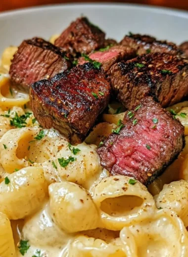 Delicious steak bites served with shell pasta in garlic butter Alfredo sauce