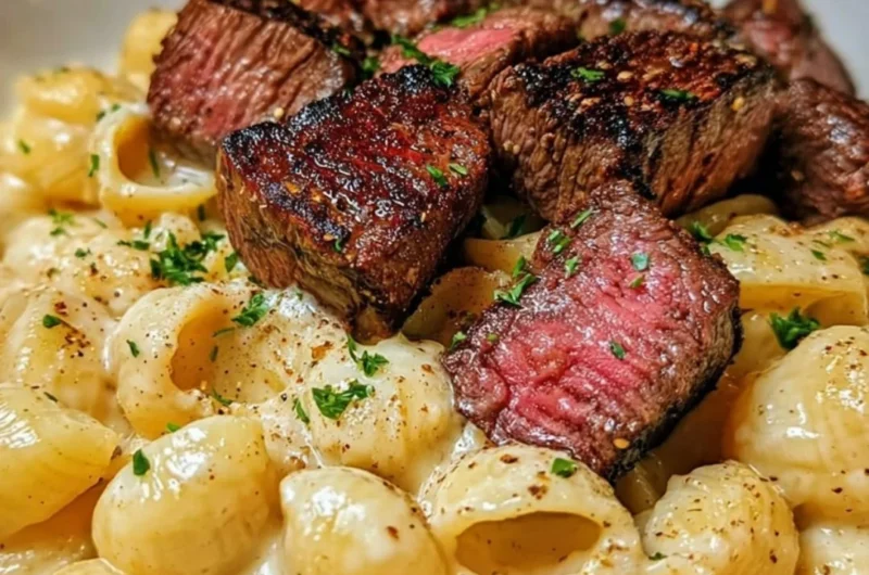 Delicious steak bites served with shell pasta in garlic butter Alfredo sauce