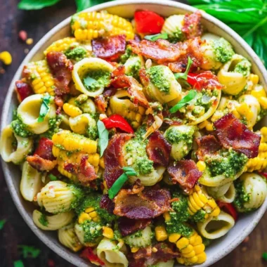 Summer pasta salad with corn, bell pepper, bacon, and creamy pesto dressing.