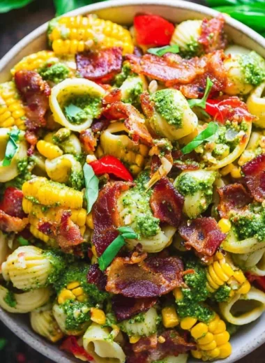 Summer pasta salad with corn, bell pepper, bacon, and creamy pesto dressing.