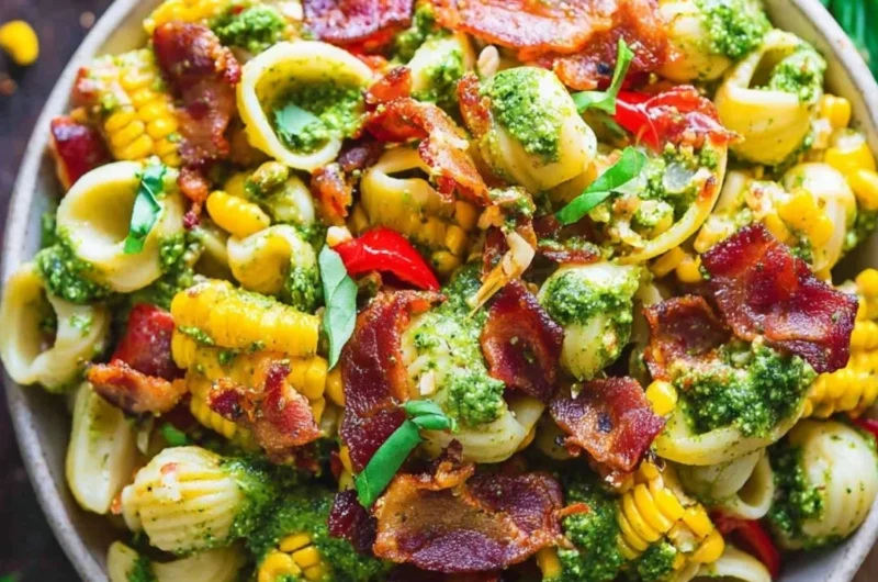 Summer pasta salad with corn, bell pepper, bacon, and creamy pesto dressing.