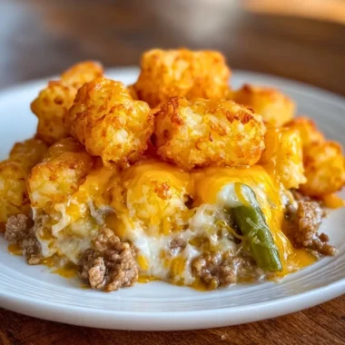 Delicious tater tot casserole with ground beef topped with crispy tater tots.