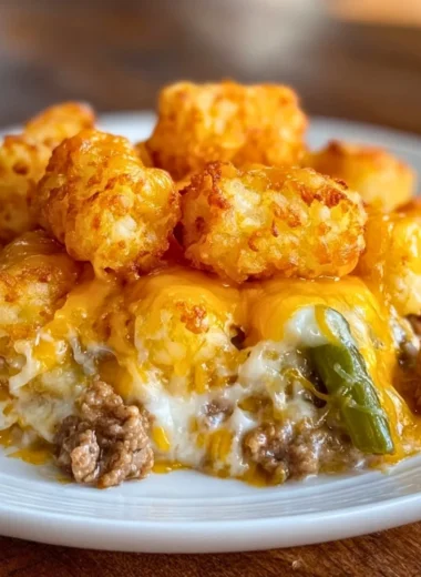 Delicious tater tot casserole with ground beef topped with crispy tater tots.