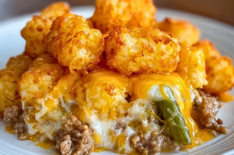 Delicious tater tot casserole with ground beef topped with crispy tater tots.