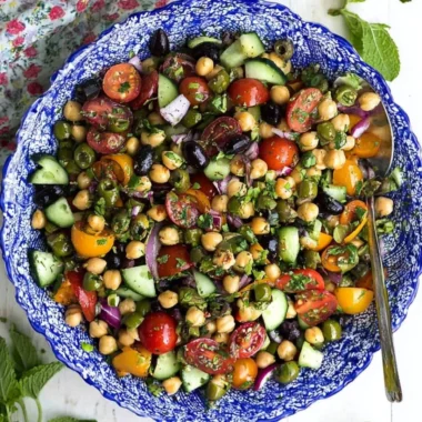Trader Joe's Balela Salad with chickpeas and fresh vegetables in a bowl