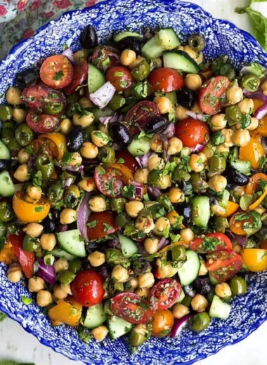 Trader Joe's Balela Salad with chickpeas and fresh vegetables in a bowl