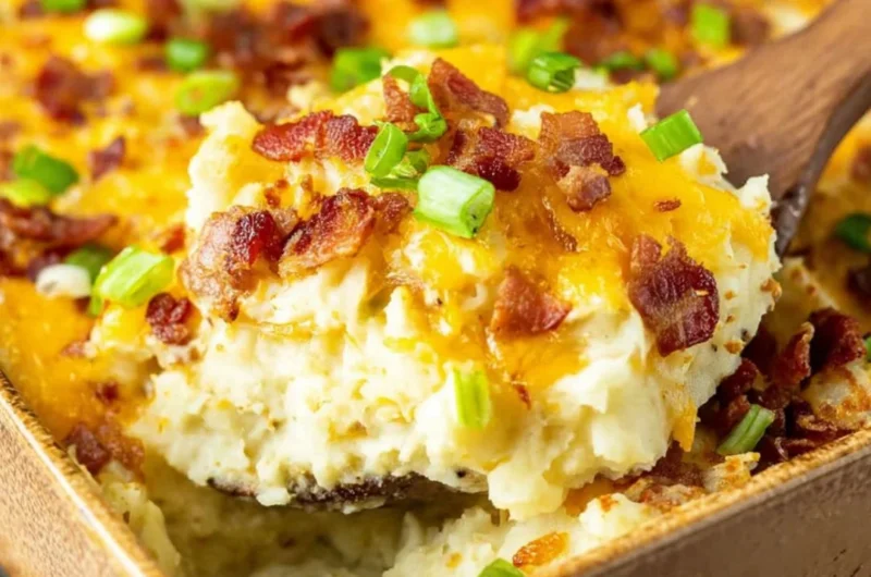 Delicious Twice Baked Potato Casserole topped with cheese and bacon