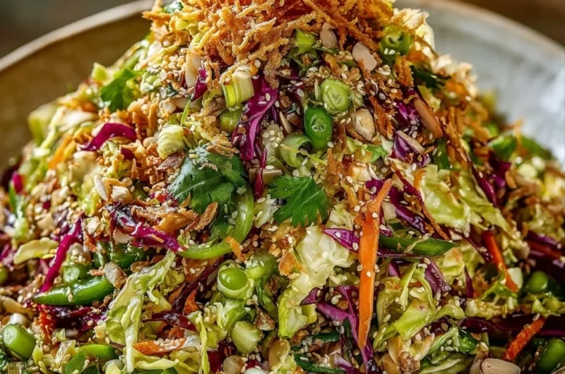 A vibrant bowl of ultimate crunchy Asian salad with fresh vegetables and dressing