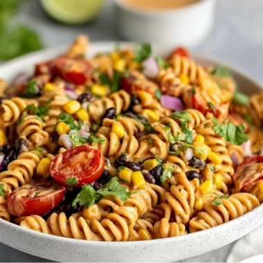 Vegan Southwest Pasta Salad filled with colorful vegetables and pasta