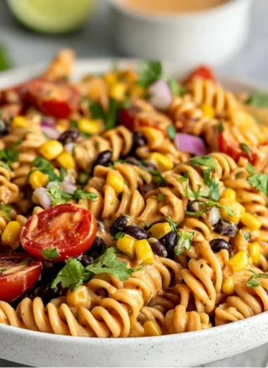 Vegan Southwest Pasta Salad filled with colorful vegetables and pasta