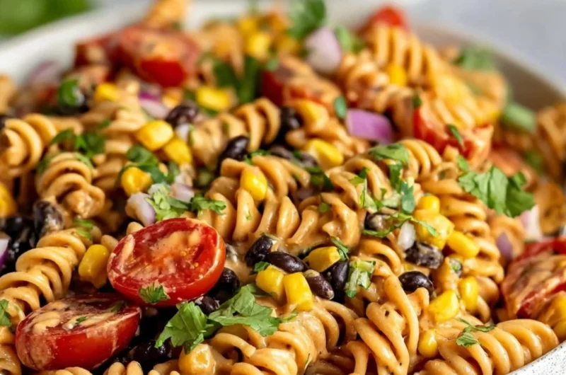 Vegan Southwest Pasta Salad filled with colorful vegetables and pasta