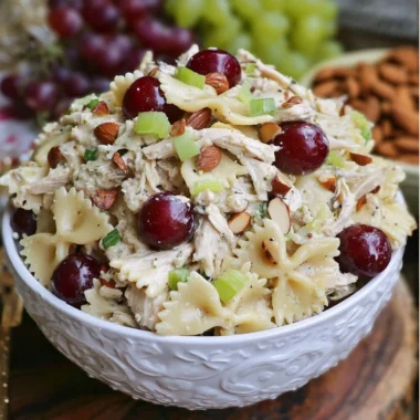 Delicious Waldorf Chicken Pasta Salad with chicken, pasta, and fruits